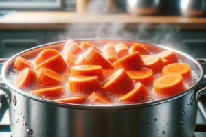 DALL·E 2024-02-15 11.20.14 - A photorealistic image of sliced orange carrots simmering in a pot of boiling water, with bubbles and steam visible. The kitchen background is blurred