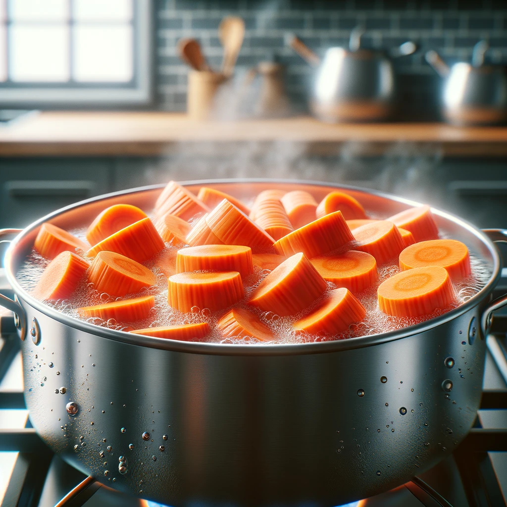 DALL·E 2024-02-15 11.20.14 - A photorealistic image of sliced orange carrots simmering in a pot of boiling water, with bubbles and steam visible. The kitchen background is blurred