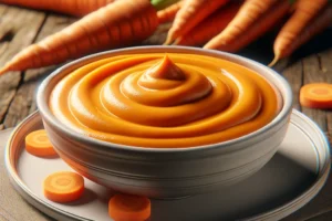 DALL·E 2024-02-15 11.23.42 - A highly detailed, photorealistic image showcasing a bowl of smooth carrot puree on an elegant white plate, without any green garnish, presenting a pu