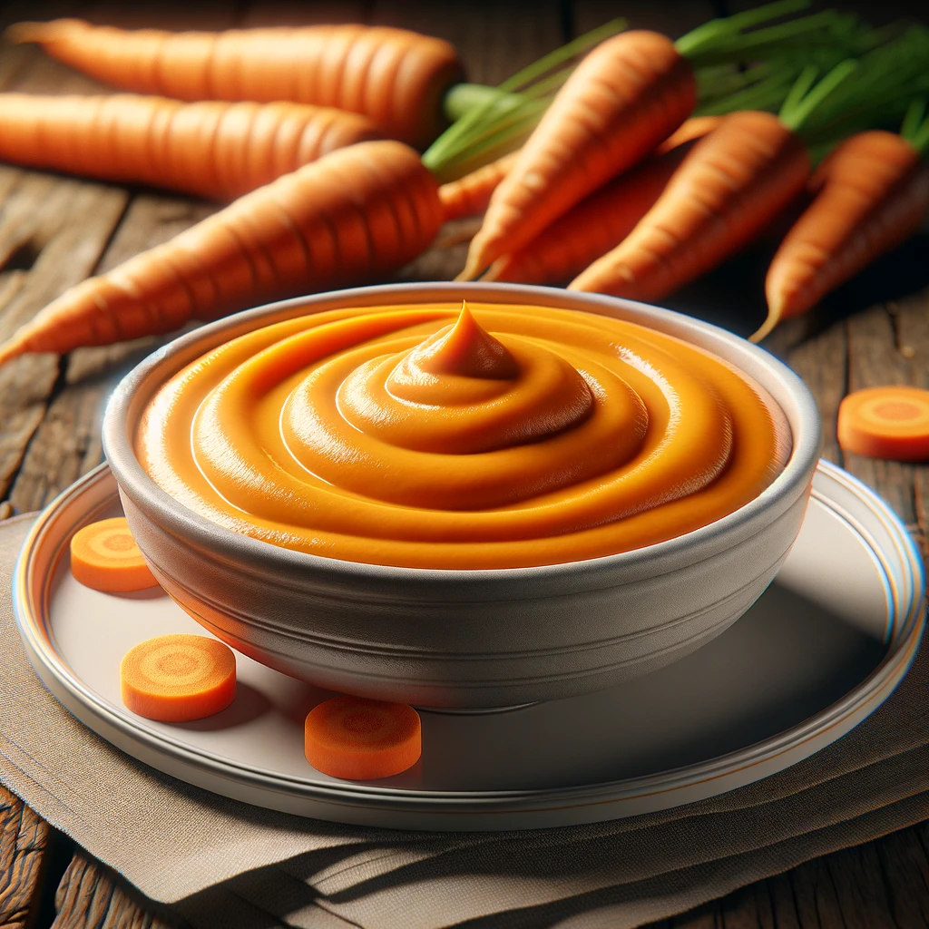 DALL·E 2024-02-15 11.23.42 - A highly detailed, photorealistic image showcasing a bowl of smooth carrot puree on an elegant white plate, without any green garnish, presenting a pu