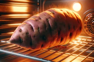 DALL·E 2024-02-15 14.09.50 - A photorealistic image of a whole sweet potato being baked in an oven, placed directly on the metal rack with a glowing amber interior of the oven ill