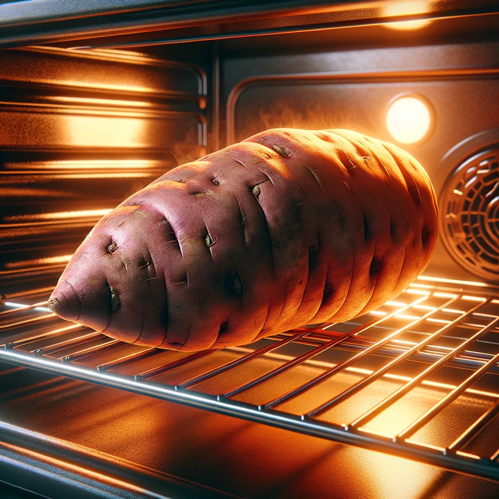 DALL·E 2024-02-15 14.09.50 - A photorealistic image of a whole sweet potato being baked in an oven, placed directly on the metal rack with a glowing amber interior of the oven ill