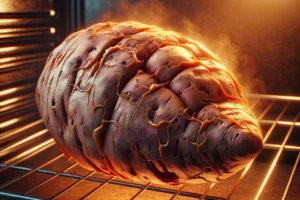 DALL·E 2024-02-15 14.12.04 - A hyper-realistic image showing a sweet potato that has been extensively baked in an oven, its skin deeply cracked to reveal a fluffy, steamy interior