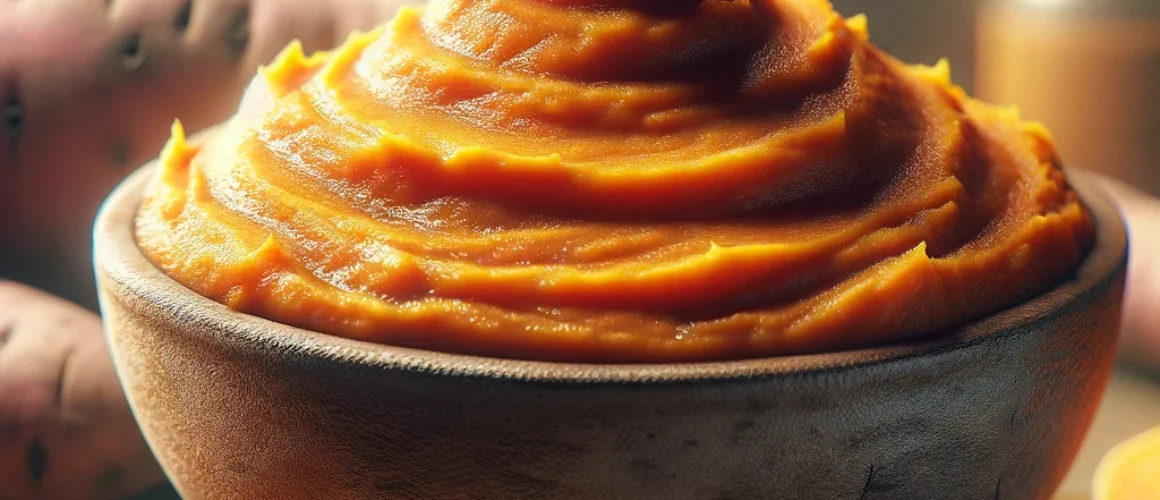 DALL·E 2024-02-15 14.13.52 - A hyper-realistic image of a bowl filled with sweet potato puree, made from a fully cooked sweet potato that was baked in an oven. The peel has been c