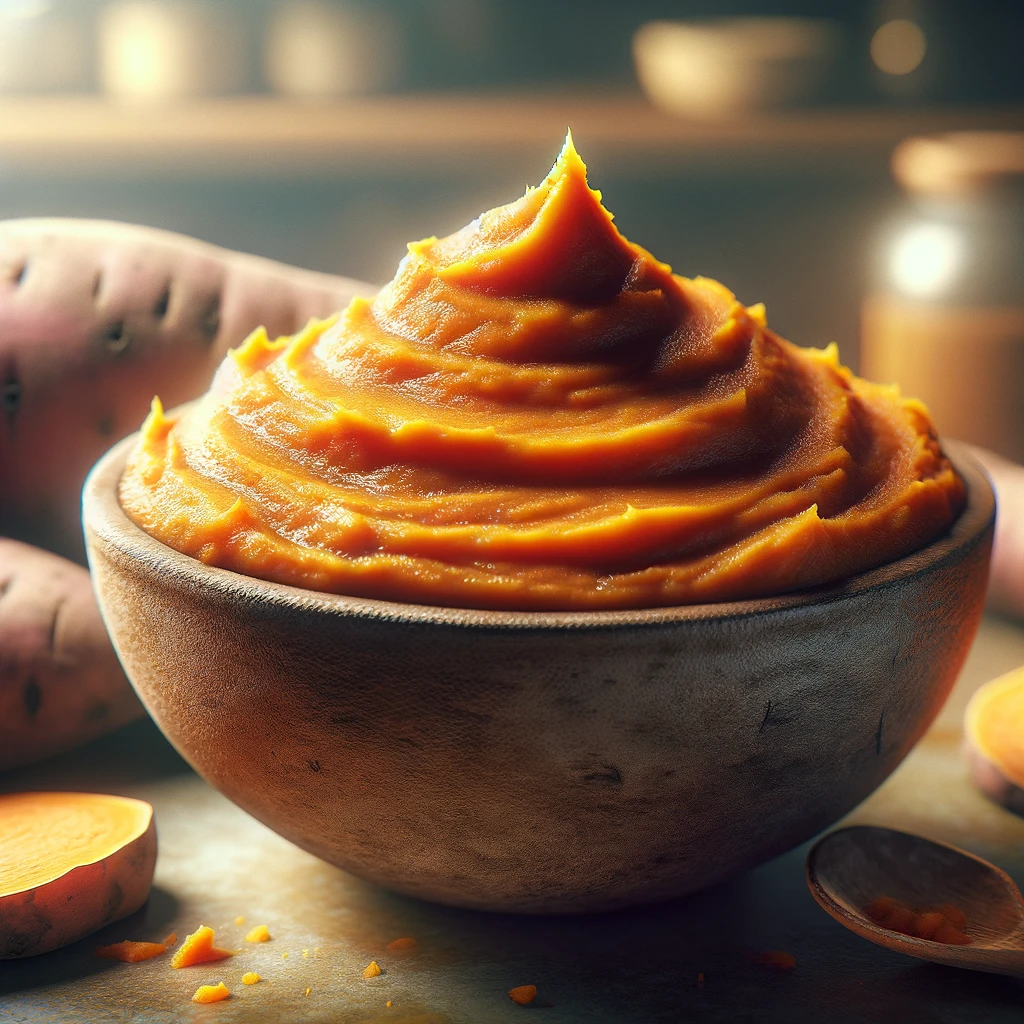 DALL·E 2024-02-15 14.13.52 - A hyper-realistic image of a bowl filled with sweet potato puree, made from a fully cooked sweet potato that was baked in an oven. The peel has been c